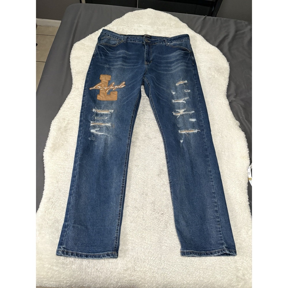 Encrypted Mens Blue Denim Jeans‎ Ripped Los Angeles Straight Pants Stretch Sz 40